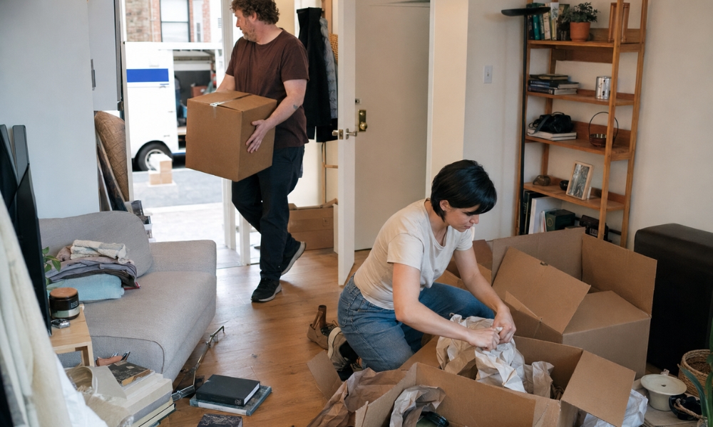 couple rushing to pack their apartment