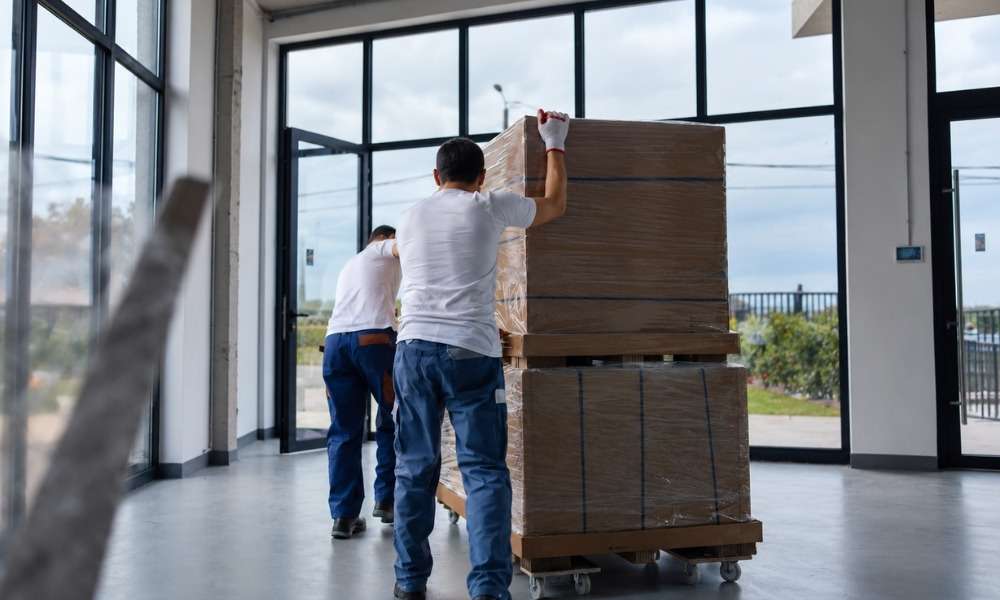 Two movers from behind pushing large, plastic-wrapped boxes