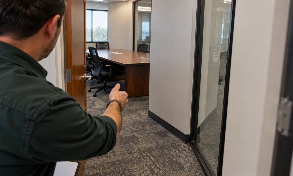points into an adjacent conference room featuring a large dark-wood meeting table